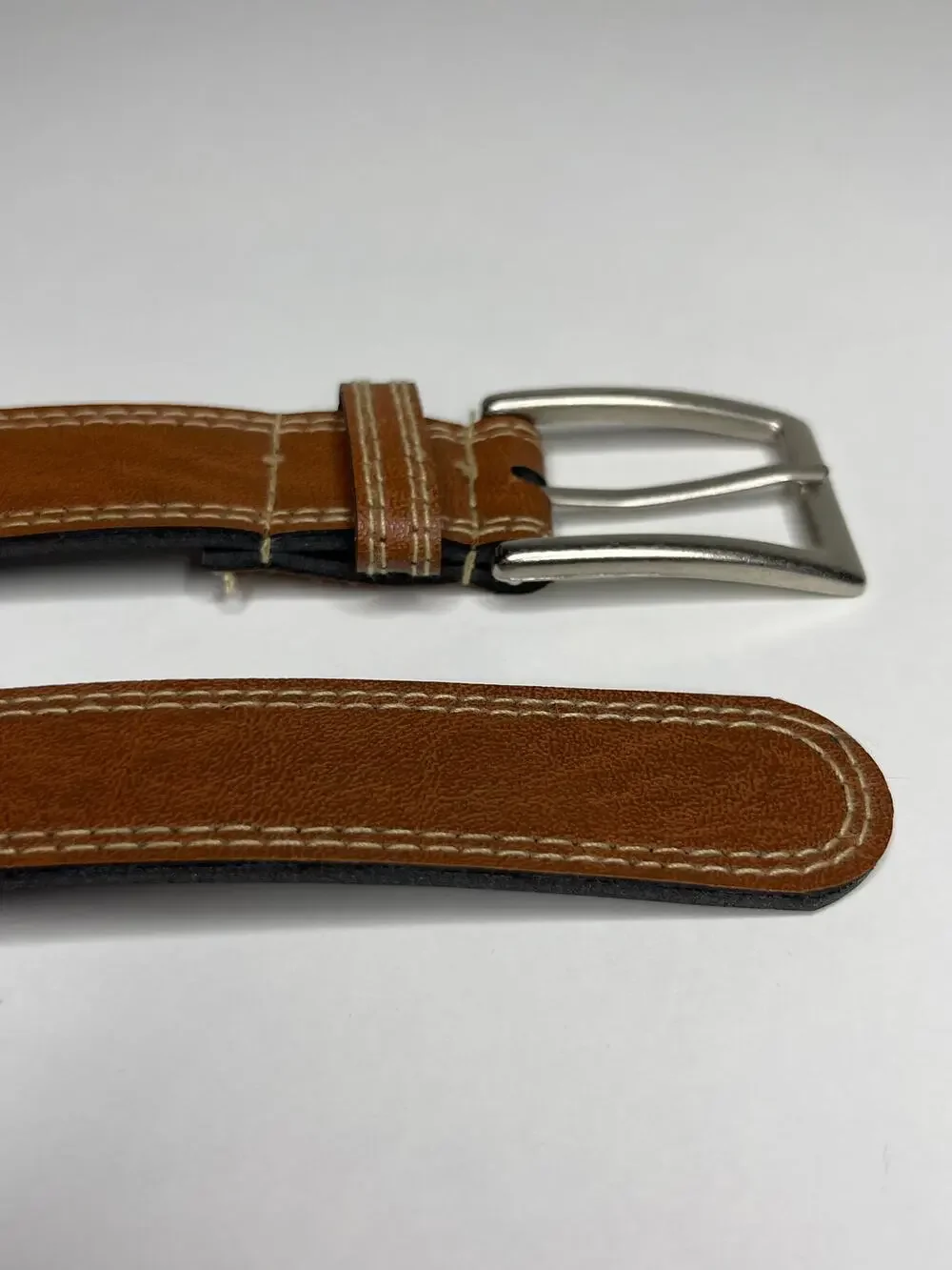 Vintage Women’s Brown Faux Leather Belt, Silver Buckle, Contrast Stitching 41.5”
